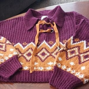 SO Women's V-Neck Sweater in Burgundy and Mustard